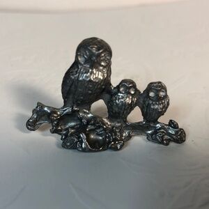 Miniature Pewter OWL Figurine, Large Owl With 2 Babies 1.5 in long On Branch